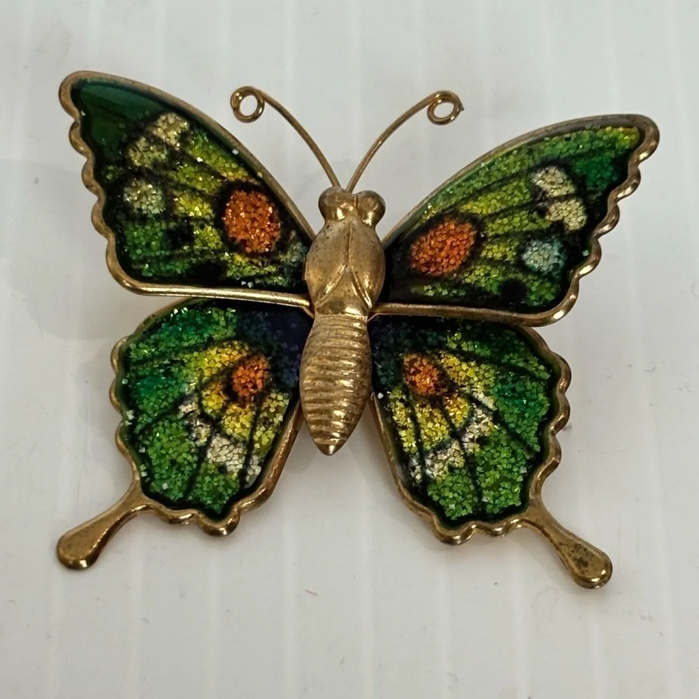 Vintage Glitter Sparkly Orange/Green Goldtone Enamel Metal Butterfly Brooch Pin